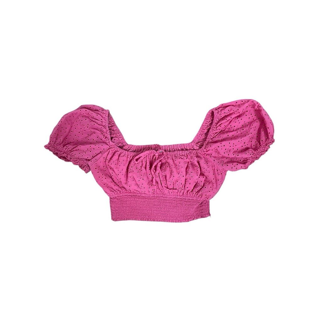 Pink Eyelet Crop Top Puff Sleeve Smocked Off Shoulder Blouse Size L